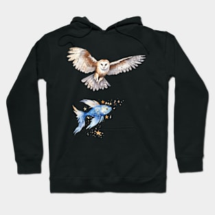 Enchanting Encounter: Owl Hunting a Magic Fish Hoodie